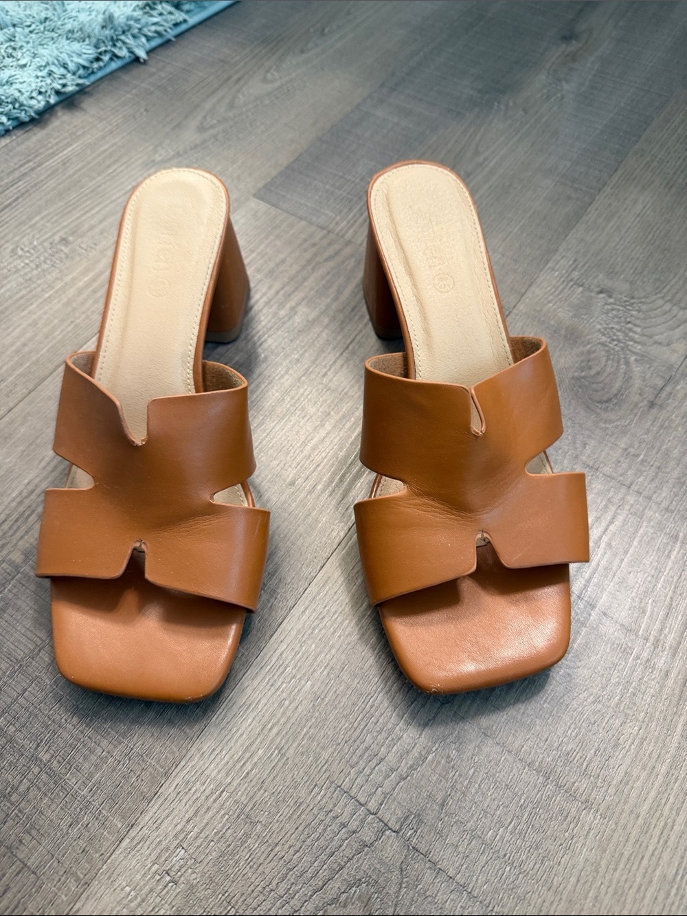 Women's Brown Leather Block H Heel Slide Sandals